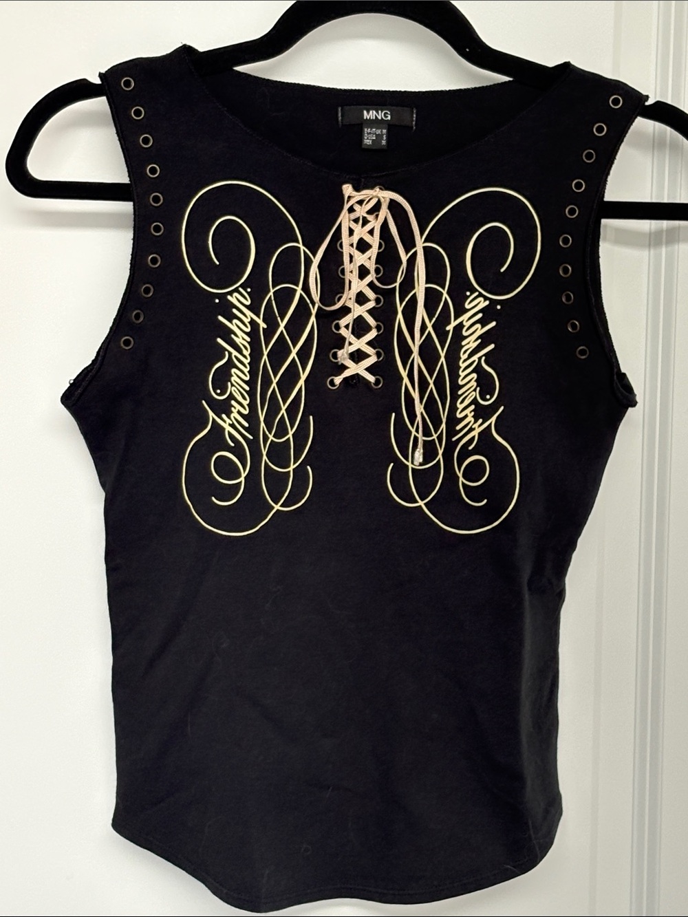 Mango Black Lace-Up Graphic Tank with Gold Script grommets